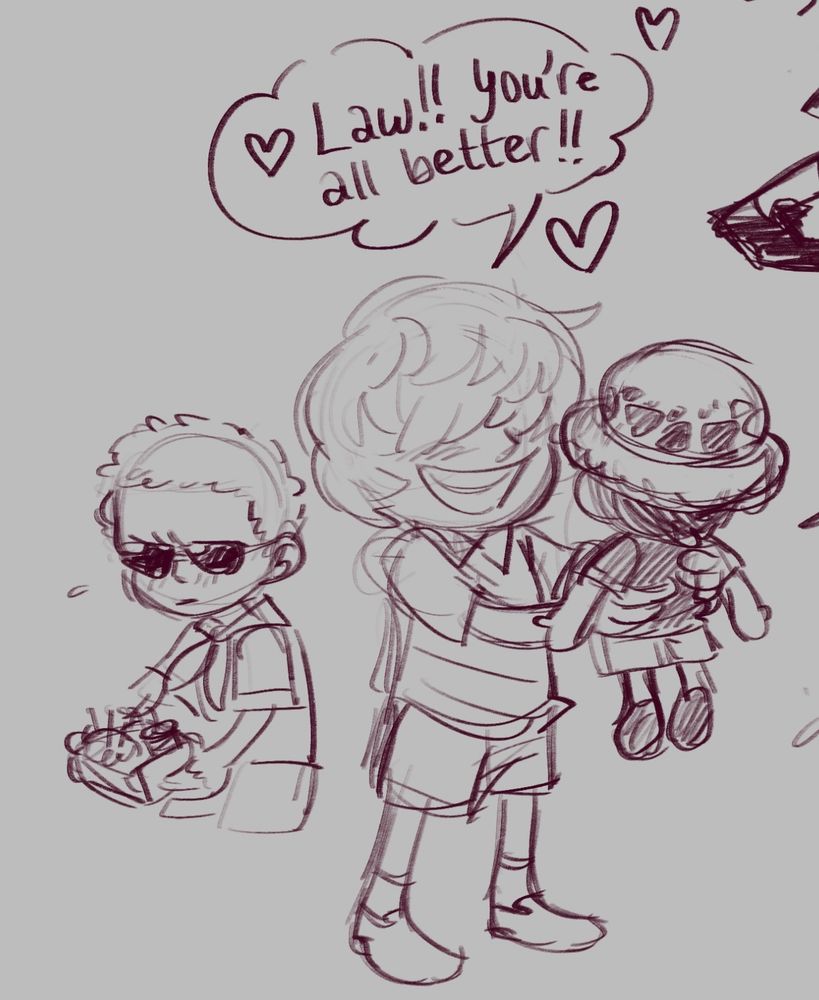 A digital sketch showing the aftermath of the previous comic.

Rosi holds a now repaired Law doll, smiling at it. Doffy is in the background, looking grumpy and holding a box of sewing things.

Rosi: "Law! You're all better!"