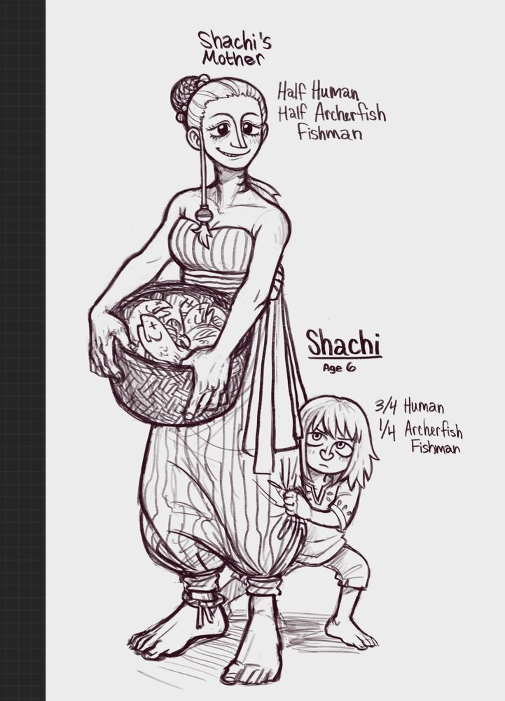 A digital illustration of the artist's fan design of Shachi's late mother. She half fishman, resulting in her having some fish traits. She is a lanky woman with hair done up in a bun and has a long pointed nose. She has gills on her neck and a small dorsal fin on her back. She's carrying a basket of fish. Shachi, age six, is peeking out from behind her, not having his iconic hat and sunglasses at this age.