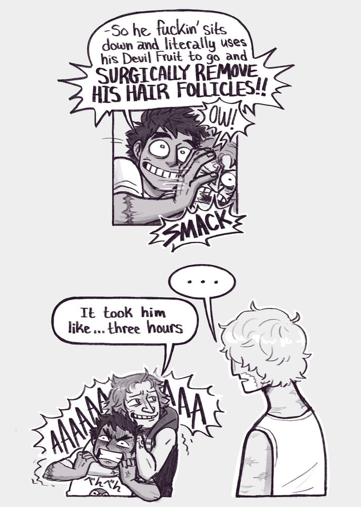 A two paneled comic page. 1. Penguin retaliates by shoving Shachi away with a smack to the face as he tries to gain Cora's attention again with the story. Shachi yells an 'Ow!' in response. Penguin: 