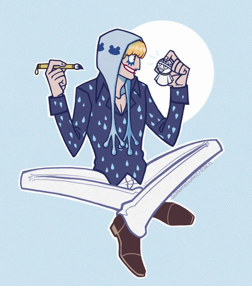 A digital illustration of Corazon from One Piece. He is sitting cross-legged, holding a Teru Teru Bozu doll in one hand and an ink brush in the other. Cora is smiling brightly at the doll, which resembles Trafalgar Law.
Notably, Cora is dressed differently, with blues instead of pinks. His shirt has raindrops instead of hearts, and the tassles of his hat now resemble frog legs. 