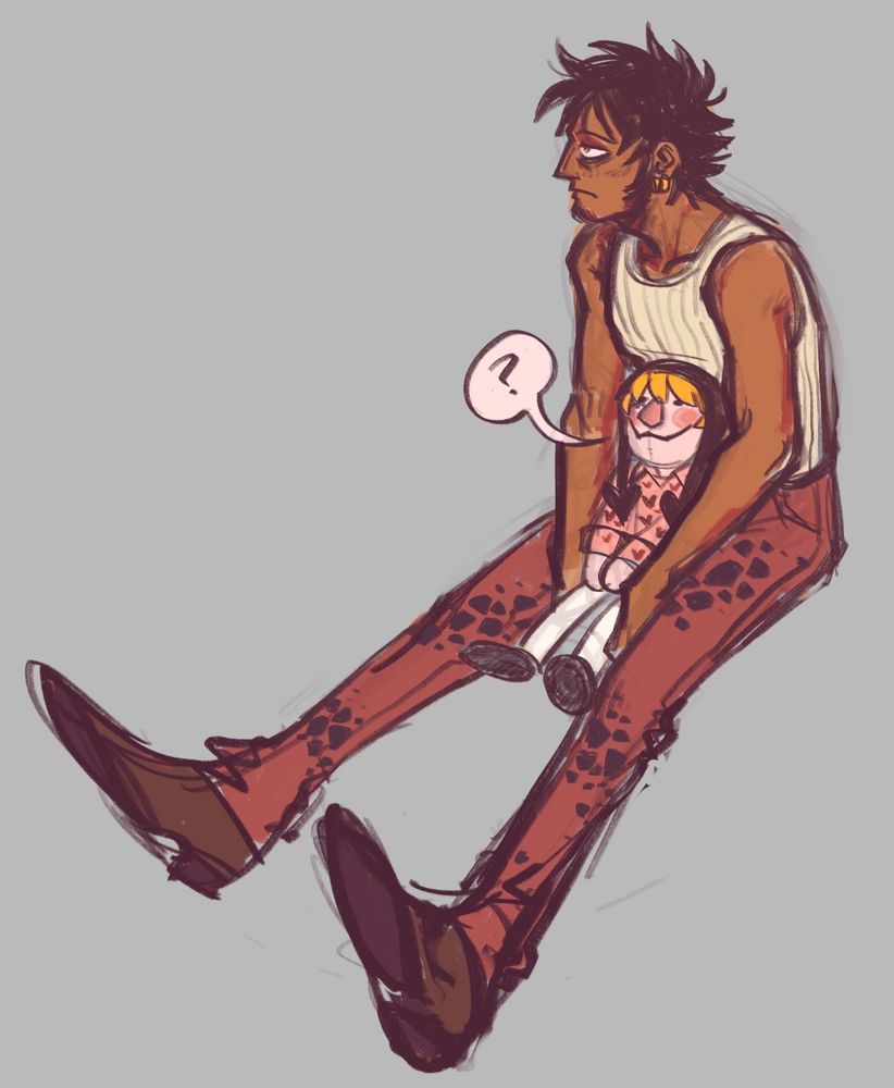 Trafalgar Law sits on the ground with legs outstretched in front of him. He looks off to the side, seeming tired.
Between his legs sits plush doll Cora-san, who looks up at Law in a questioning manner as if to ask what's wrong.