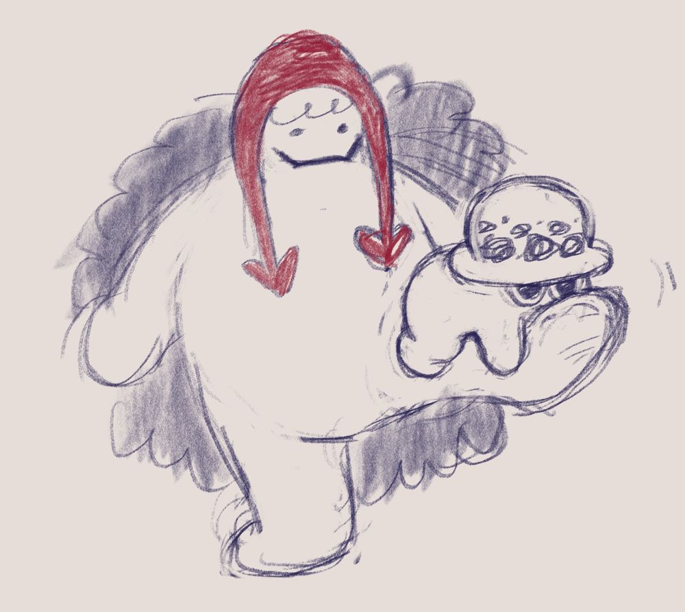 A simple illustration of Corazon with young Trafalgar Law latched onto his leg. Notably, both are drawn extremely simplistically, with plush pillow-like bodies and only their notable items being drawn, including their hats and Cora's feather coat.
