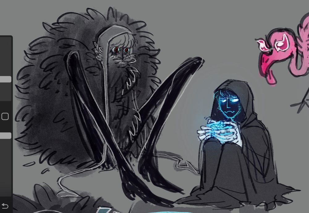 A digital sketch illustration.

Under-the-bed monsters that belong to Donquixote Rosinante and Trafalgar Law. Rosi's monster resembles his outfit while undercover as Donquixote Executive, Corazon. His body is a large dark mass of black feathers. His long, spindly legs jut out, stark black. His hands and arms aren't visible, assumably withdrawn into his feather-core. His head is partially obscured by the feathers, only showing the top half. His eyes are wide, large, and shiny. He still wears the same coif cap that normal Corazon wears, but the tassles are far far longer. 
Law's monster, The Surgeon, is far simpler, draped in a dark, shadow-like cloak. His eyes glow bright blue, but the rest of his face remains in stark black shadow, with blue rim light. His hands are held out, clawed and bluish white, clutching a blue glowing Mes cube that holds his own beating heart.