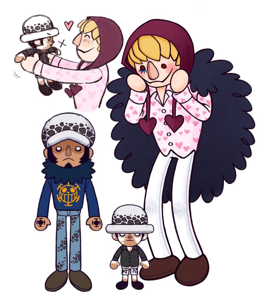 Several digital illustrations of Corazon and Trafalgar Law,drawn as soft fabric plush dolls. Both adult and young Law are shown. Up in the corner is plush Cora holding up plush young Law, who seems irritated.