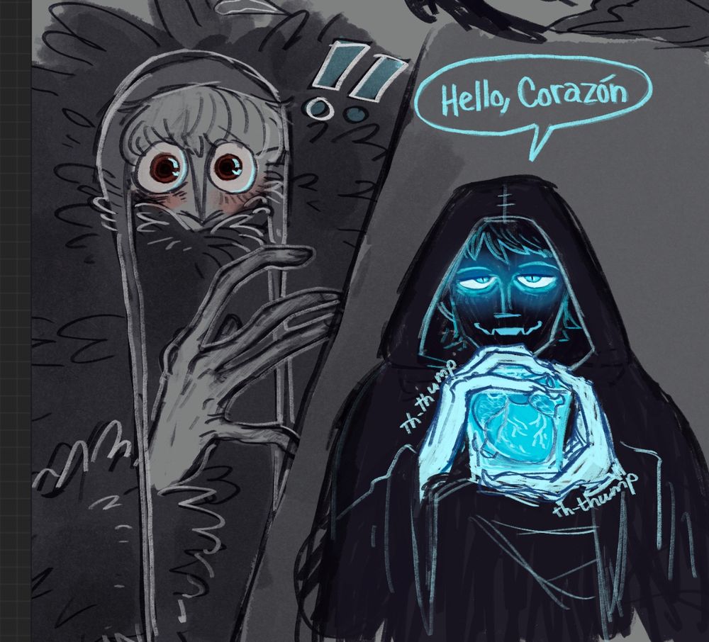 A two paneled digital sketch/comic.

1.) Monster Corazon stares with bright wide eyes, his hand held up in surprise. His hand is elongated and spidery.

2.) The Surgeon is holding his Mes cube, smiling at Corazon, greeting him by name.