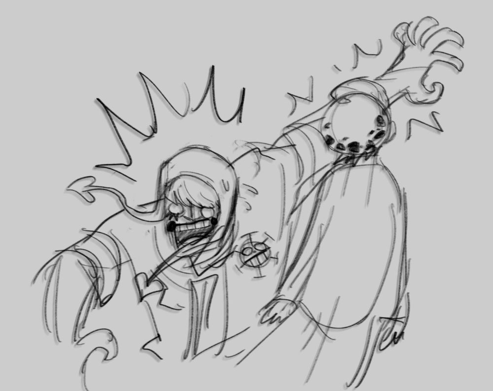A single paneled comic page.

Cora swings his arm back in shock and pain, lifting with it, Law, who is still biting down on Cora's arm.