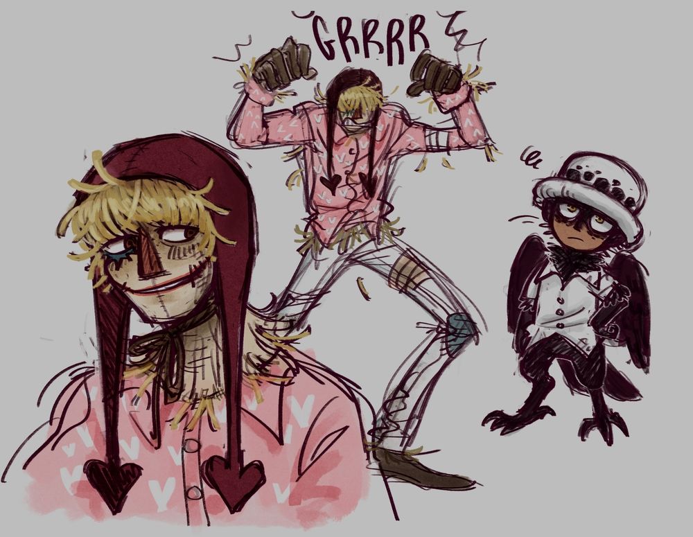 Three digital sketches of the same AU. Donquixote Rosinante is a scarecrow with the typical details of having a burlap face and straw for hair. One sketch is simply a headshot with him smiling. A second sketch has him with his arms raised and fingers clawed, making an intimidating grrr sound. The last sketch shows who he's trying to scare, which is a young Trafalgar Law, who is a crow harpy. 
