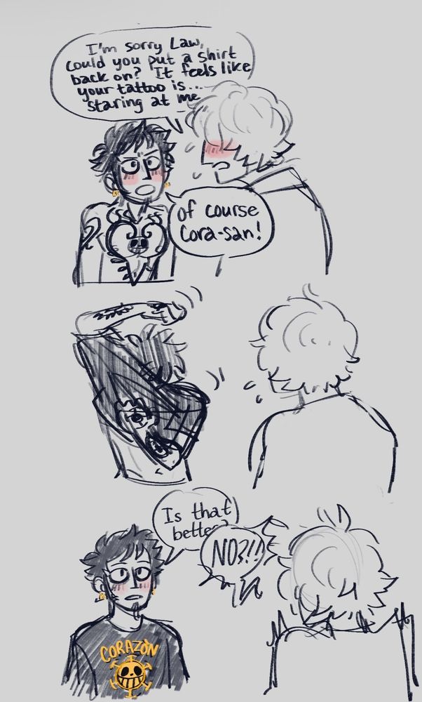 A three paneled comic page. 1. Cora nervously asks Law, 