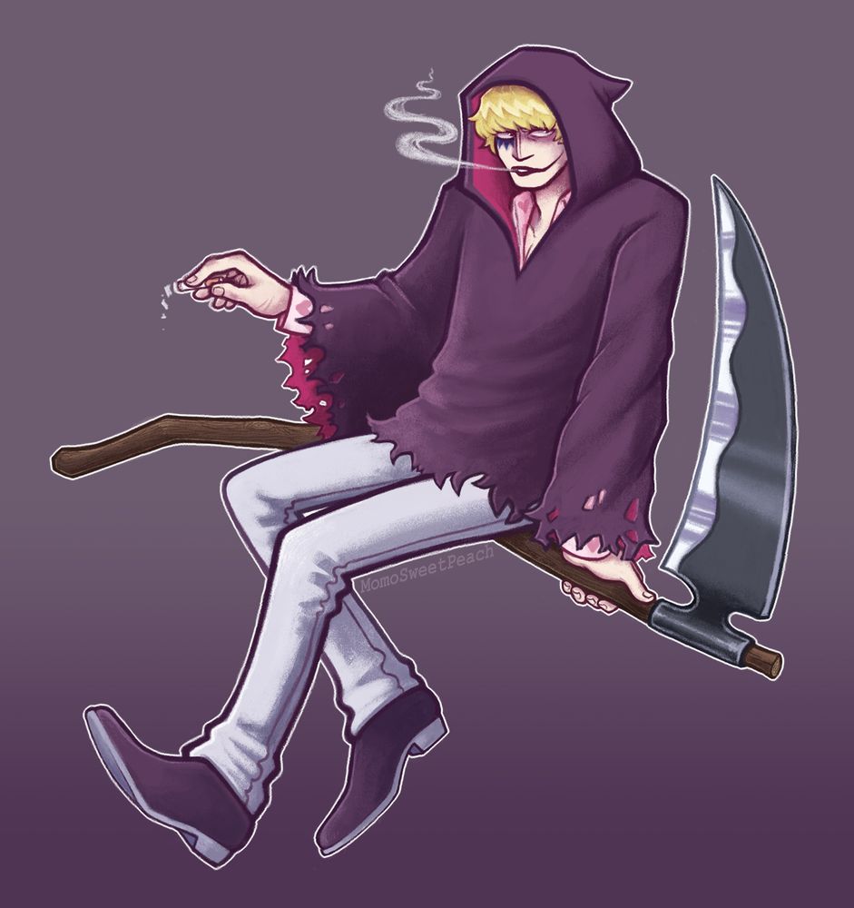 Cora-san from One Piece is dressed in a tattered hooded robe, causing him to resemble a grim reaper. He is sitting on the handle of a scythe similar to a witch sitting on a broom. He kicks his legs back and forth, looking bored as he shakes ash off from his cigarette and blows out a stream of smoke.