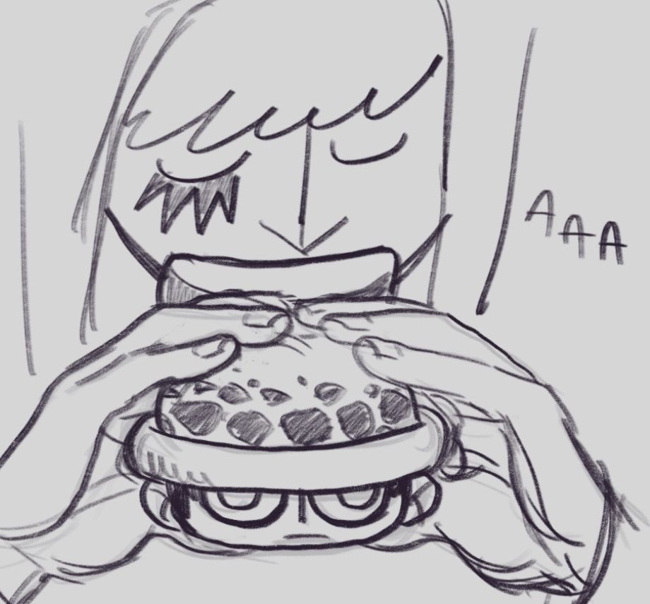 Cartoony sketch of Cora-san about to take a bite out of a young Trafalgar Law head that is squished to look like a hamburger. 