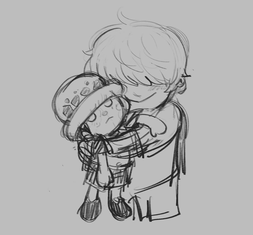 Digital sketch of young Rosinante from One Piece, hugging a plush doll of young Trafalgar Law.