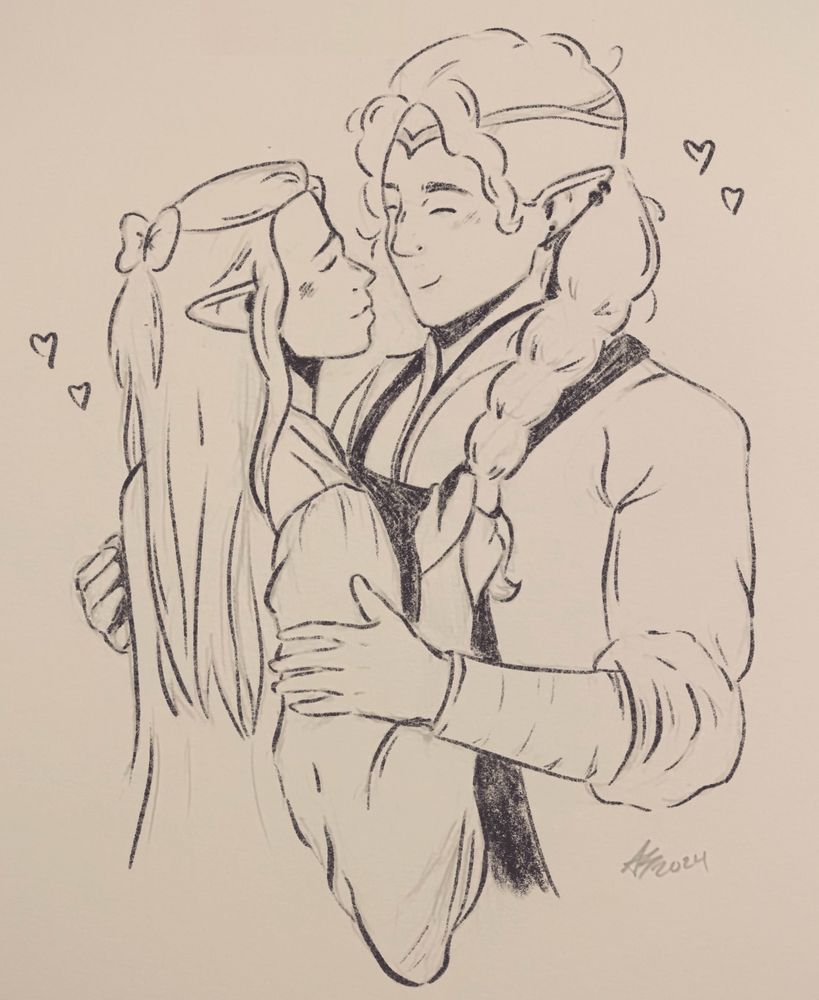 Annatar is pulling Celebrimbor closer to him by his apron so they are chest to chest, while Celebrimbor puts his arms loosely around Annatar.