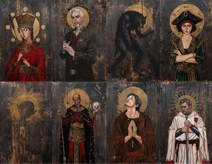 Láminas de estilo bizantino como pintadas sobre madera, ocho en total, organizadas en dos filas. Por orden:

1. Una joven de rojo con corona y cetro.
2. Un elegante caballero de cabello canoso.
3. Una mujer loba.
4. Una mujer de pelo negro muy rizado, con vestido verde y tricornio.
5. La sombra de un ser con orejas puntiagudas y prominentes.
6. Un hombre mayor, calvo, de vestiduras ornamentadas con símbolos místicos, sosteniendo una calavera
7. Un hombre con aspecto de monje y las manos juntas en oración.
8. Un hombre mayor con túnica blanca y expresión severa que sostiene una gran espada con la punta hacia abajo.