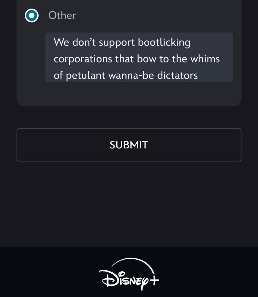 Screenshot of the reason given for canceling our Disney plus subscription