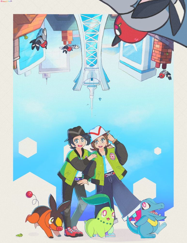 [bottom, right side up] The PLZA protags and the starters (Tepig, Chikorita and Totodile) walking together as a Zygarde Cell follows them. Male protag holds onto Female protags shoulders as she tips her hat. The starters are following Totodiles direction forward.

[top, upside down] Fletchings fly into the frame and settle on some of the apartment buildings surrounding Prism Tower, Prism Tower glows in the morning sun. A Zygarde Core (Blue) sits atop one of the buildings and stares at the tower. Office buildings including Quasartico Inc. stand firmly behind Prism Tower.