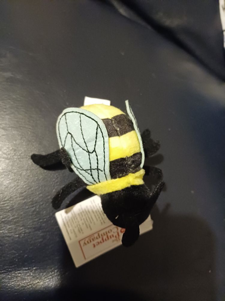 A bumblebee finger puppet on a darm background