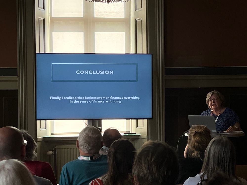 Slide from the conclusion of Susan Ingalls Lewis’s presentation that reads in part: “Conclusion: Finally I realized that women financed everything”