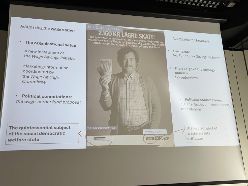 PowerPoint slide showing a working man in the centre, happily holding his cash savings (or investment profits?) thanks to Swedish banking schemes to save in exchange for lower tax penalties.