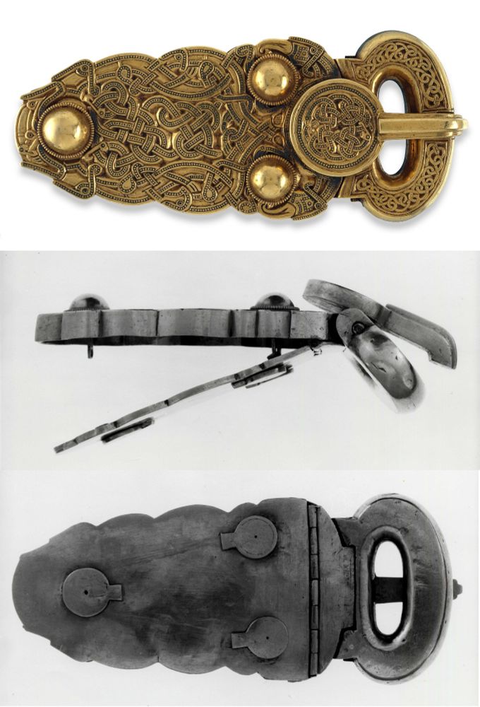 The Great Gold Buckle from Sutton Hoo, three different views showing unusual features. There are two completely different hinges. One is for the loop, and the other is for a hinged backplate that fastens with three sliding clips.