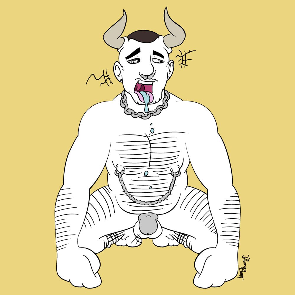 Illustration of bull on all fours with nipple clamps, bull horns, and a chastity cage