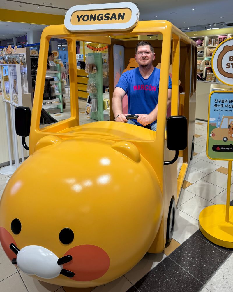 bull in a yellow cat bus at the Line Friends store in Yongsan, Korea