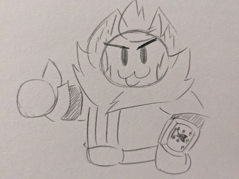 Fe dressed in a Vault Suit, complete with Pip-Boy, mimicking the Vault Boy thumbs-up pose with a confident smile.