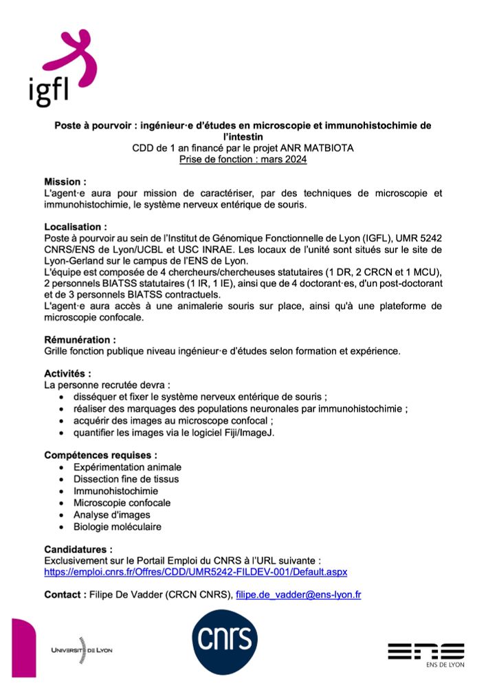 Poste à pourvoir d'IE en microscopie et immunohistochimie à l'IGFL. Plus d'infos: filipe.de_vadder@ens-lyon.fr.