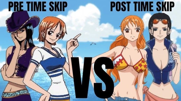 Image comparing the pre and post time skip designs of Nami and Robin from one piece, in the post time skip they are both given bigger boobs, more revealing tops, and unnaturally thin waists, Robin is also significantly paler 