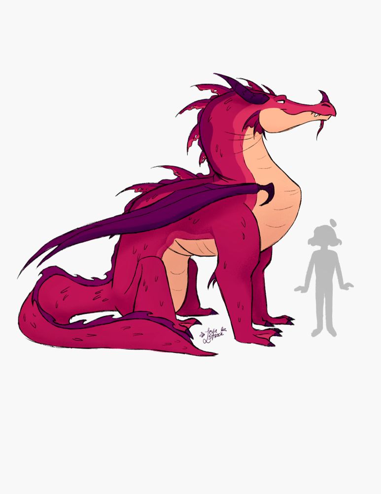 Large red dragon with tan belly and purple wings. Grey person beside him for scale. 