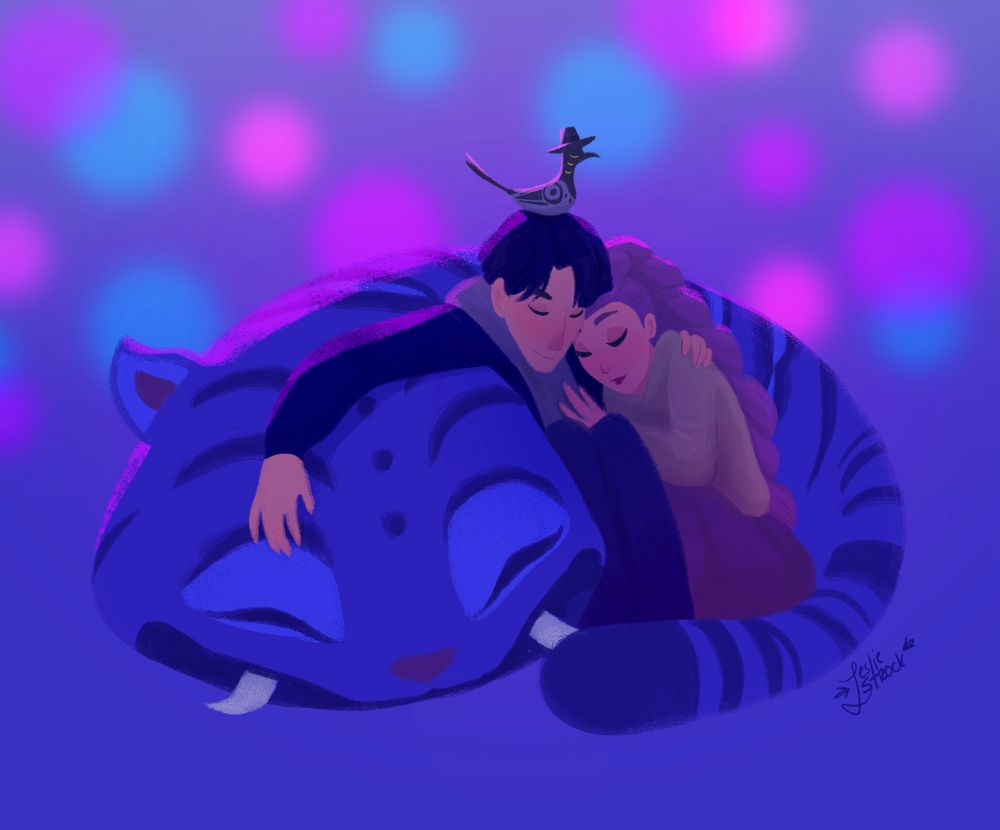 Drawing of man and woman cuddling with a tiger wrapped around them and a bird sitting on his head. 