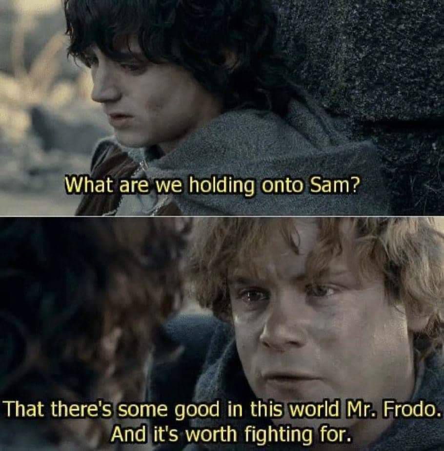 Frodo: “what are we holding onto Sam?”
Sam: “That there’s some good in this world Mr. Frodo. And it’s worth fighting for. “