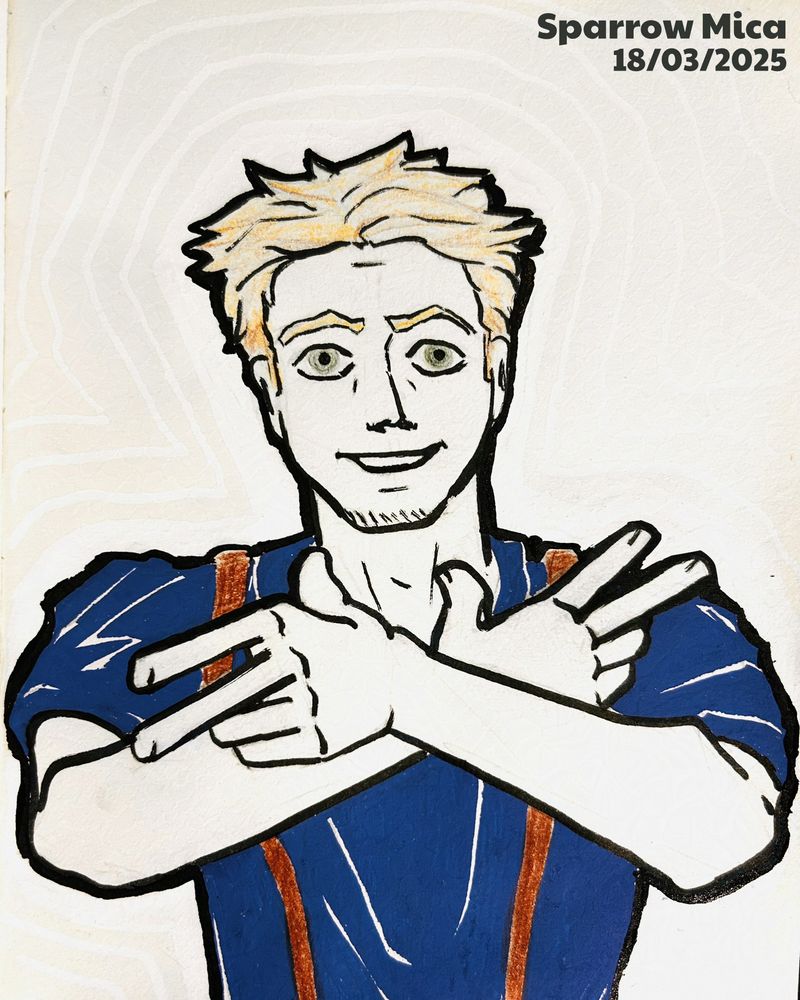 A marker and pencil illustration of a smiling guy with blonde hair and a blue shirt showing peace signs with hands up and crossed