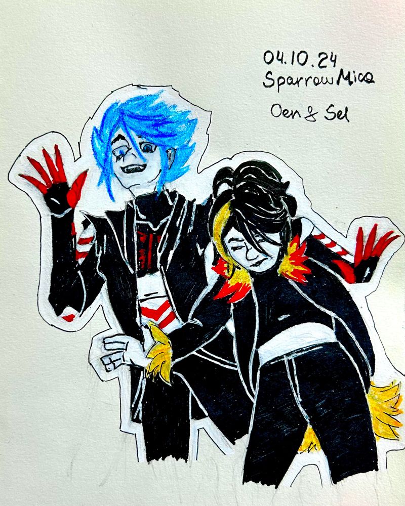 A marker-colored sketch of a pair of people in black stylized clothing. A guy with radiant blue hair and claw-like red fingers, and a girl without an arm and with yellow accents on clothing 