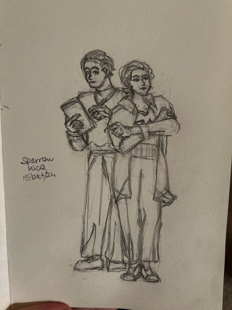 A pencil sketch of a woman in the front and a young man holding a tablet in the back