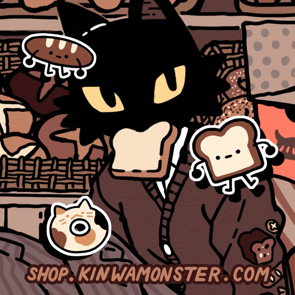 Zoom in detail of illustration of Hei the black cat eating bread.