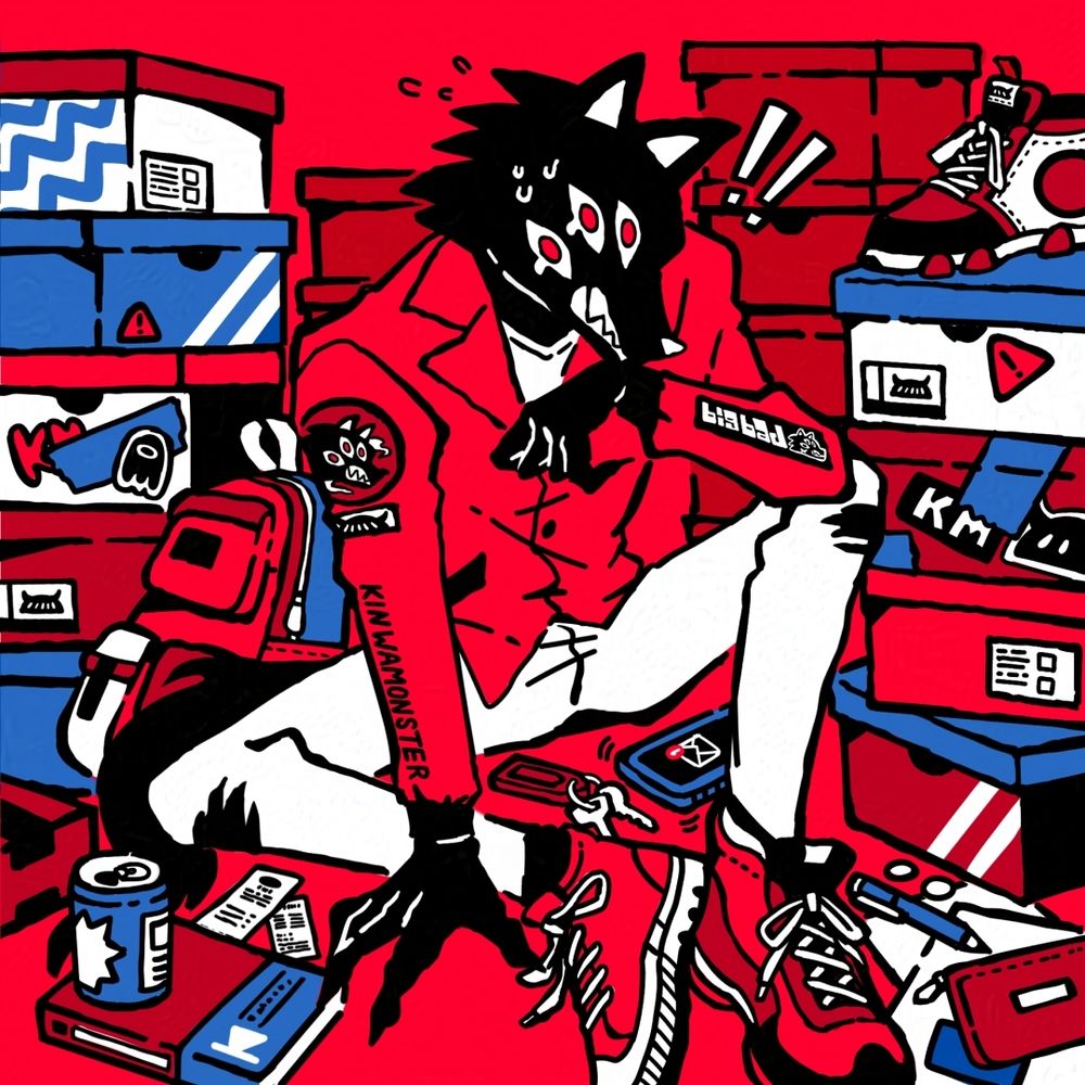 BIG BAD Wolf surrounded by boxes of shoes and belongings.