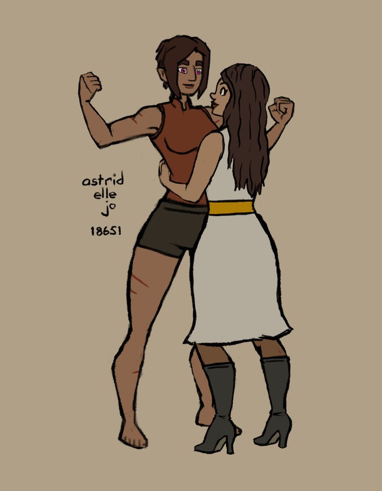 Niem, in her athletic wear, flexes for her girlfriend. Raheema, in high-heeled boots and a white dress with a gold belt, looks up into the electric pink eyes of her girlfriend.

I think I might be drawing Raheema a little bit shorter every time I draw her together with Niem.