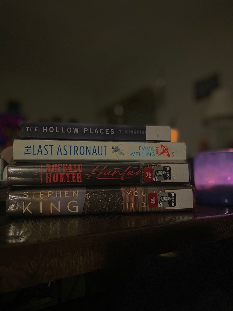 four books stacked on each other. From top to bottom: the hollow places, the last astronaut, the buffalo hunter hunter, you like it darker. 