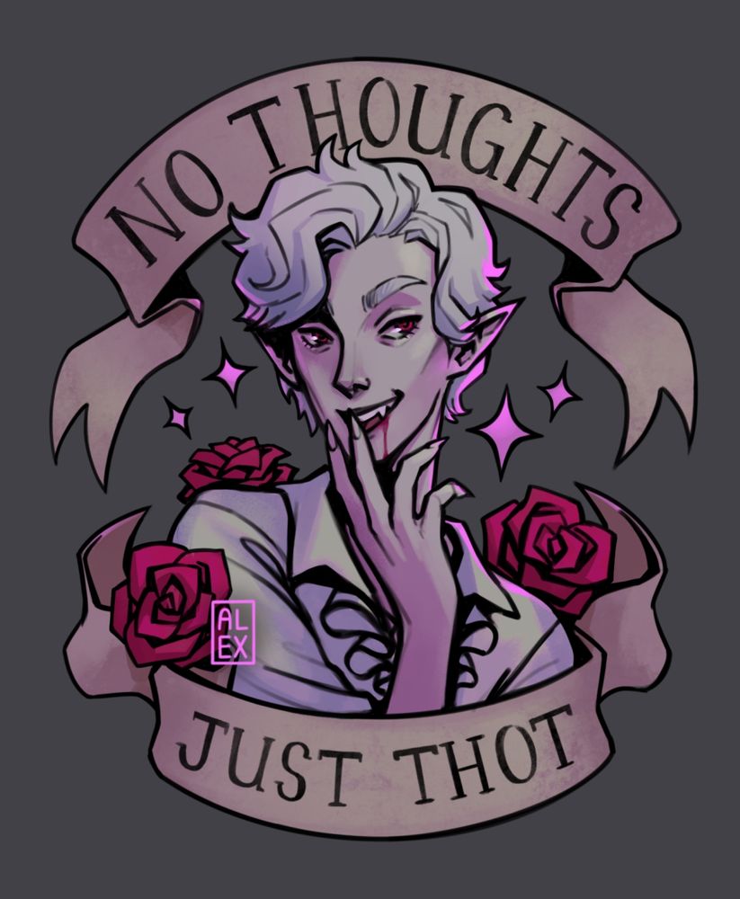 A white haired vampire surrounded by red roses and sparkles smirks 
