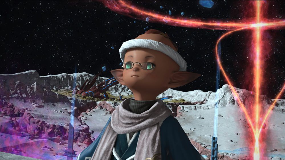 From Final Fantasy XIV, a lalafell male dressed in Japanese themed clothing looking up at someone as if disappointed.