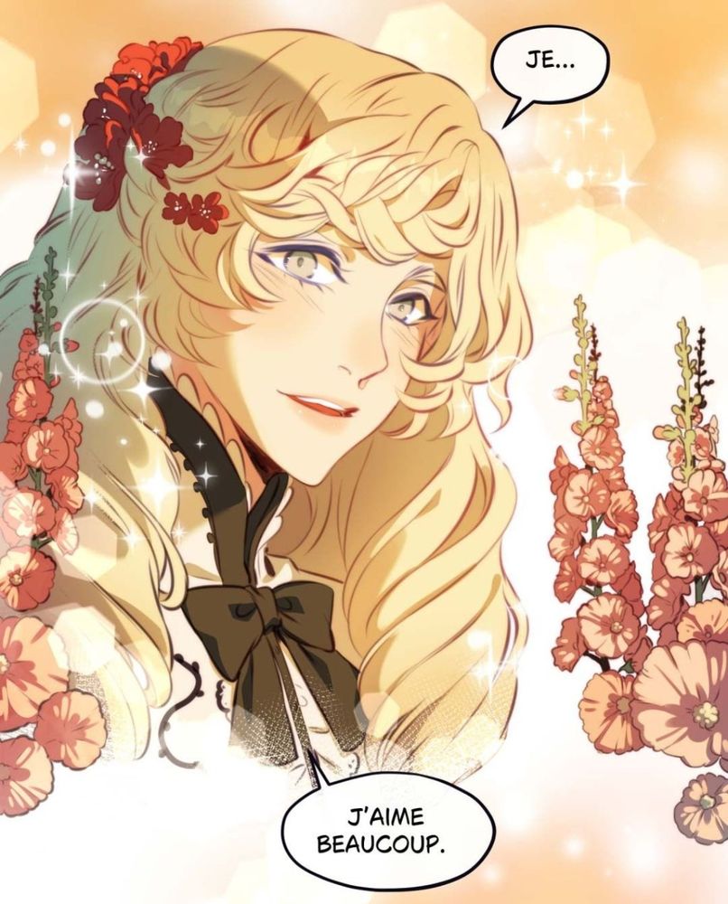 Lady Lucrèce from Magica Britannica is smiling surrounded by flowers 