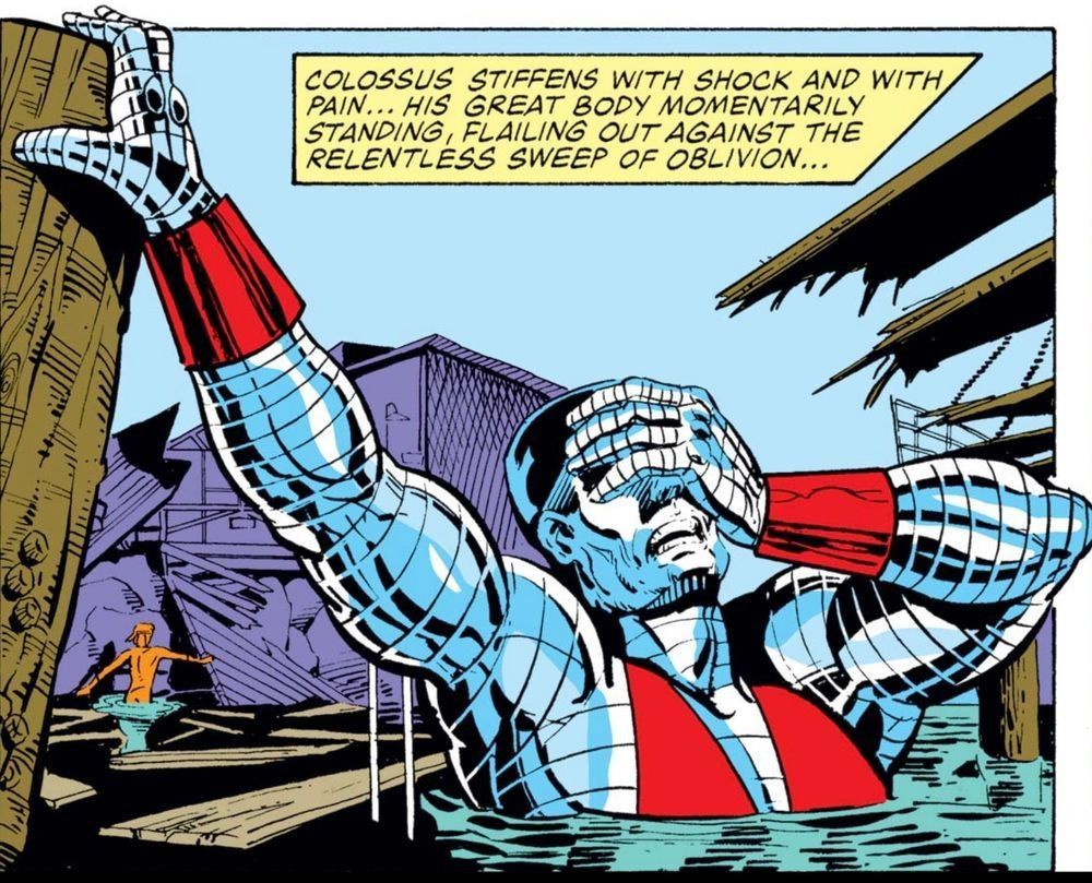 Colossus waking up and the text says: COLOSSUS STIFFENS WITH SHOCK AND WITH PAIN... HIS GREAT BODY MOMENTARILY STANDING, FLAILING OUT AGAINST THE RELENTLESS SWEEP OF OBLIVION...