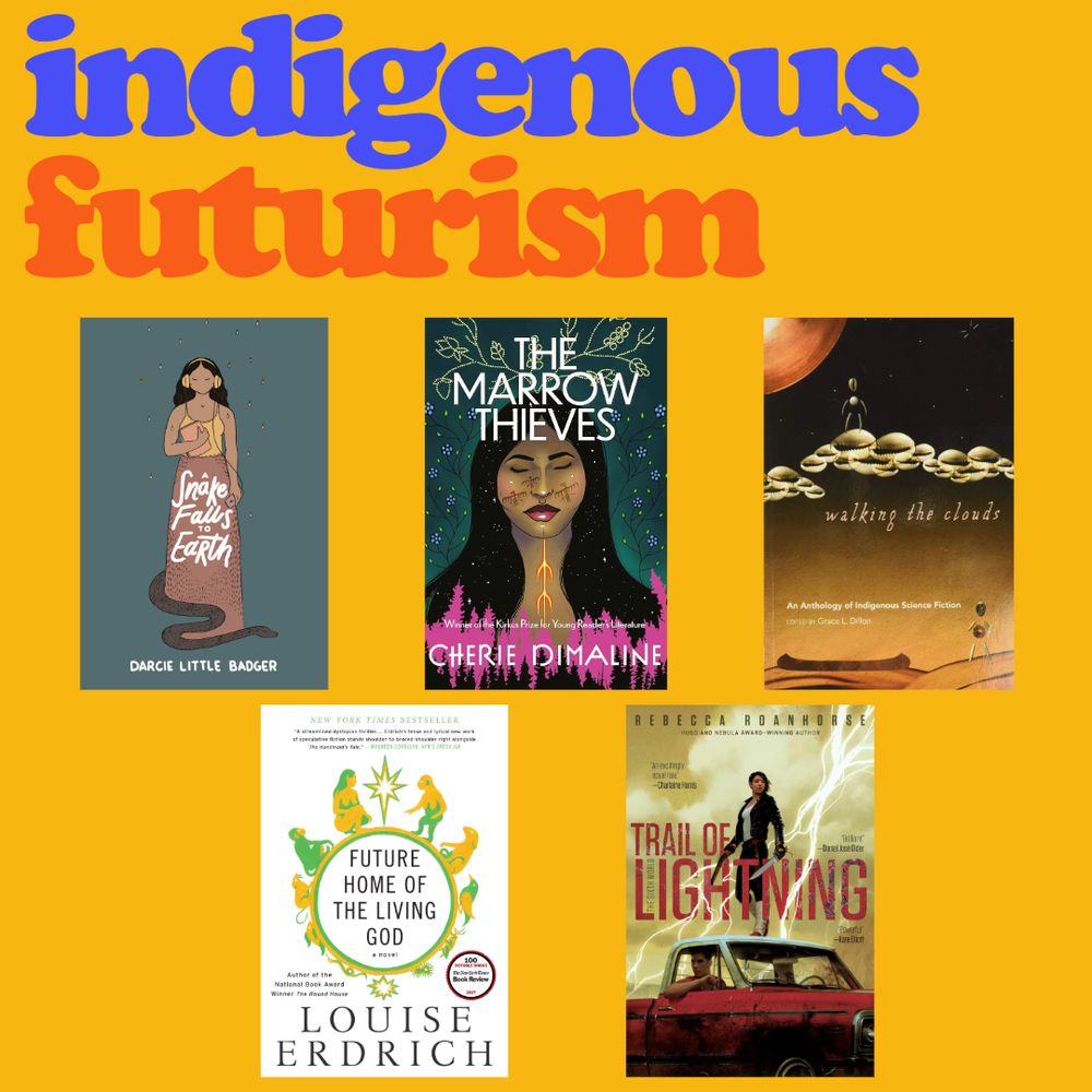 a snake falls to earth by darcie little badger
the marrow thieves by cherie dimaline
walking the clouds anthology edited by grace l. dillon
future home of the living god by louise erdrich
trail of lightning by rebecca roanhorse
