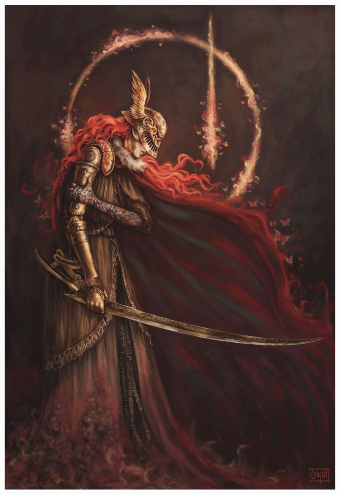 Digital painting of a side view of Malenia, from the videogame Elden Ring. She is looking down, holding her mechanical arm, with scarlet rot at her feet, her cape flowing and her rune behind.