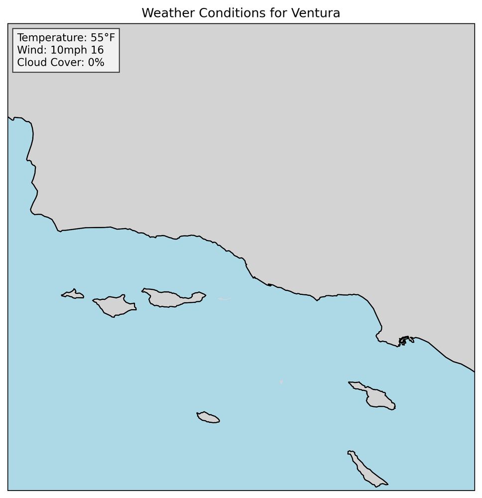 Weather Update for Ventura, CA

🌡️ Temperature: 55°F
💨 Wind: 10mph 16
☁️ Cloud Cover: 0%

Forecast: 