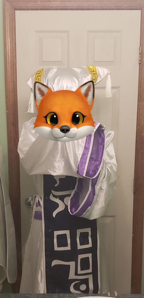 (A person dressed in a costume of Touhou character Yakumo Ran, with a fox emoji covering their face to protect their privacy. Happy Halloween!)