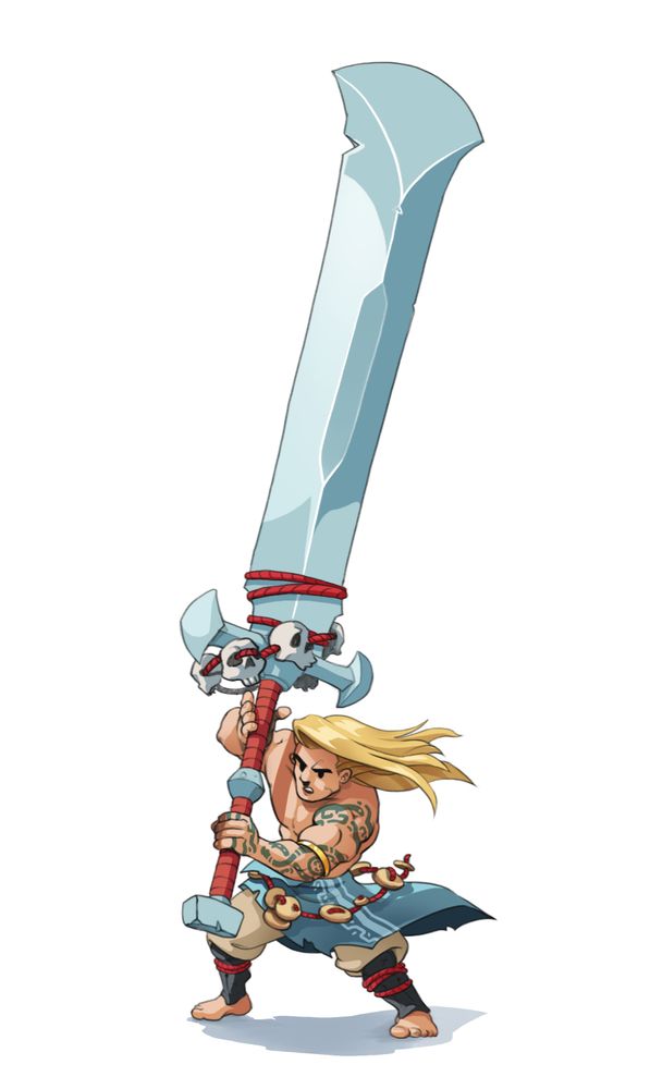 a muscular man with flowing blond hair heaves up a gigantic blade.
