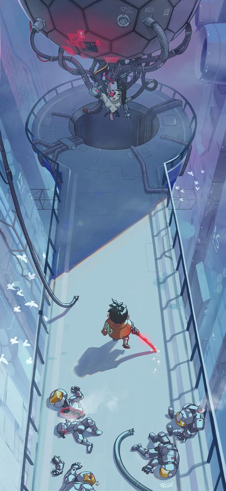 a cloaked swordsman walks on a narrow walkway high in a cloudy technological city, towards a woman covered in cables and cyber enhancements.