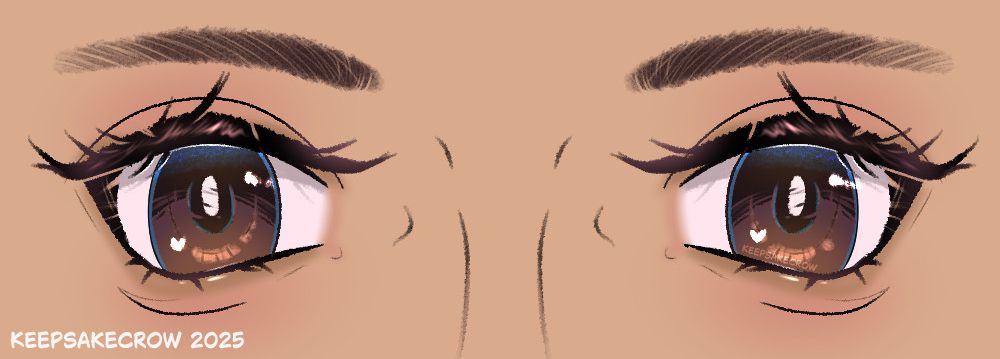 A digital drawing of anime style brown eyes, with soft blue and gold highlights.