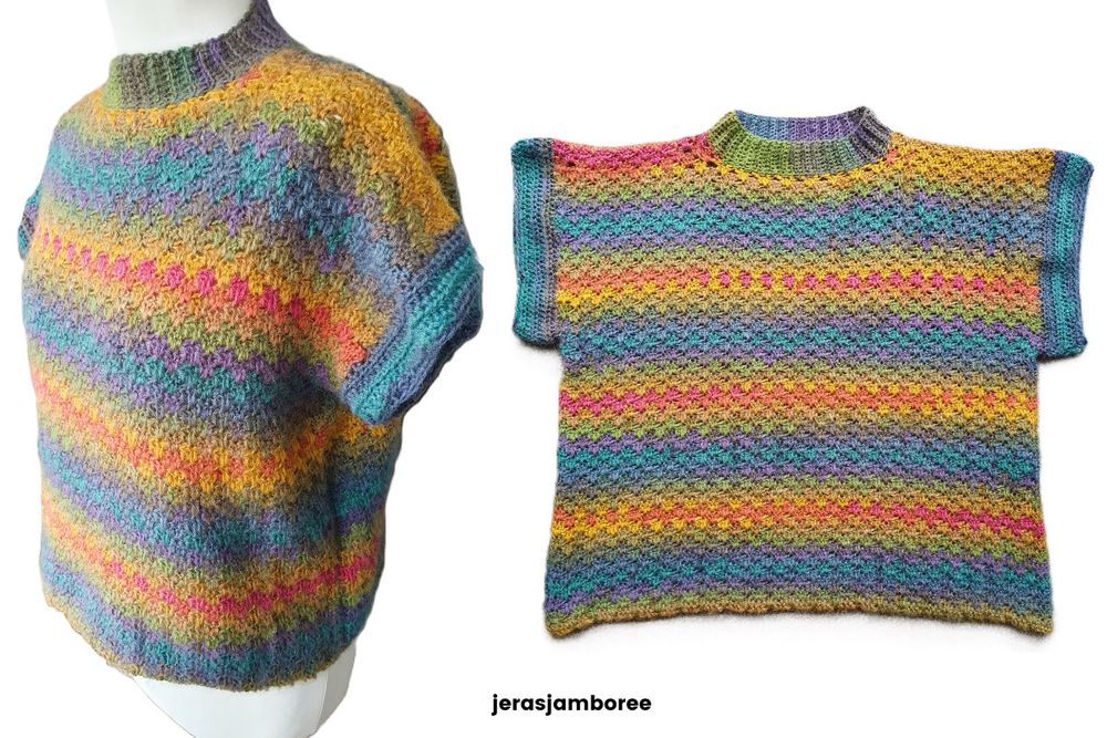 Two views of a colorful crochet sweater vest displayed on a mannequin and laid flat. The vest features short sleeves, a textured stitch pattern, and variegated stripes in purple, pink, yellow, green, and blue. Text at the bottom reads 'jerasjamboree